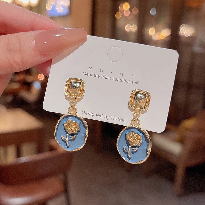 925jarum Perak Jarum Perancis Retro Biru Mawar Anting-Anting Perempuan Fashion Wanita Earrings