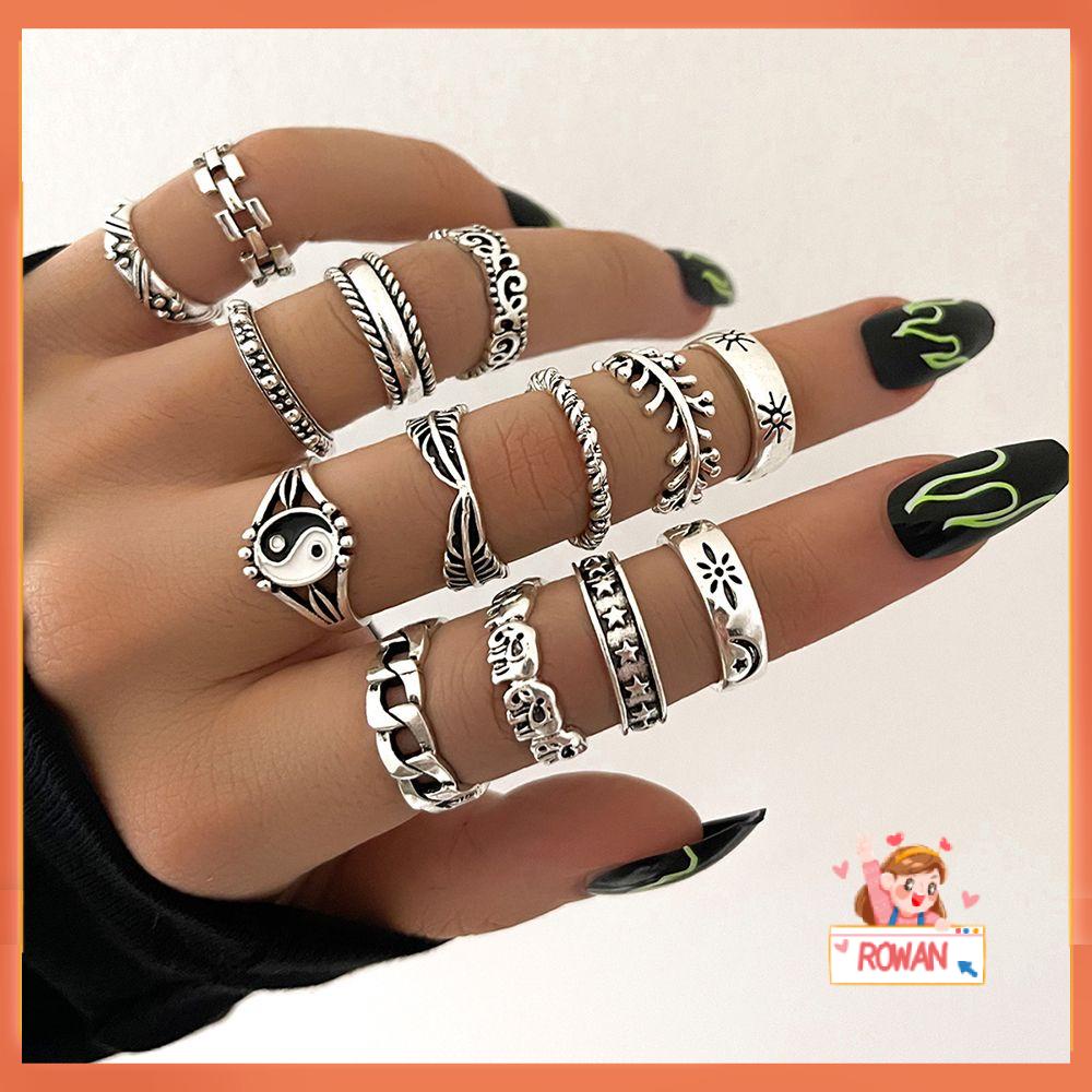 R-flower Yin Yang Set Cincin Buku Jari Perhiasan Bulu Gajah Warna Silver Vintage Punk