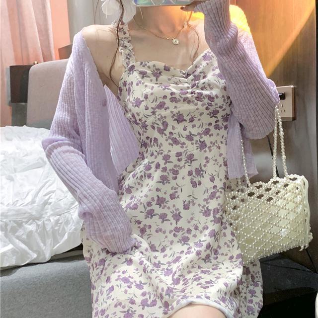 Suhao setelan one-piece untuk violet ~ kardigan tabir surya sutra es + gaun ramping sifon selempang bunga untuk wanita