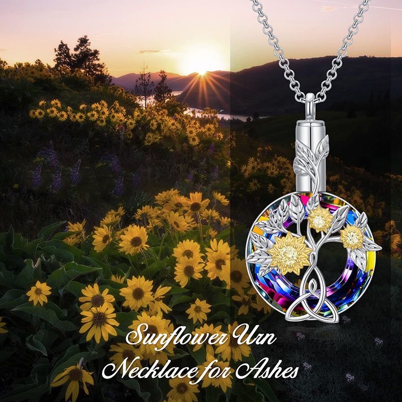 Kalung Guci Bunga Matahari Untuk Abu Sterling Silver Sunflower Cremation Necklace Dengan Volcano Crystal Memorial Cremation Jewelry