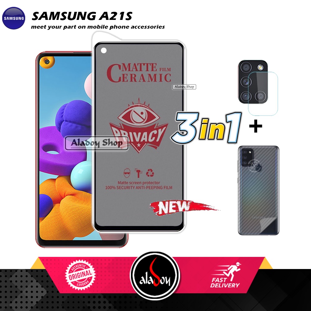 Tempered Glass Anti SPY Samsung A21S Anti Gores Privacy + Tempered Glass kamera dan Skin Carbon