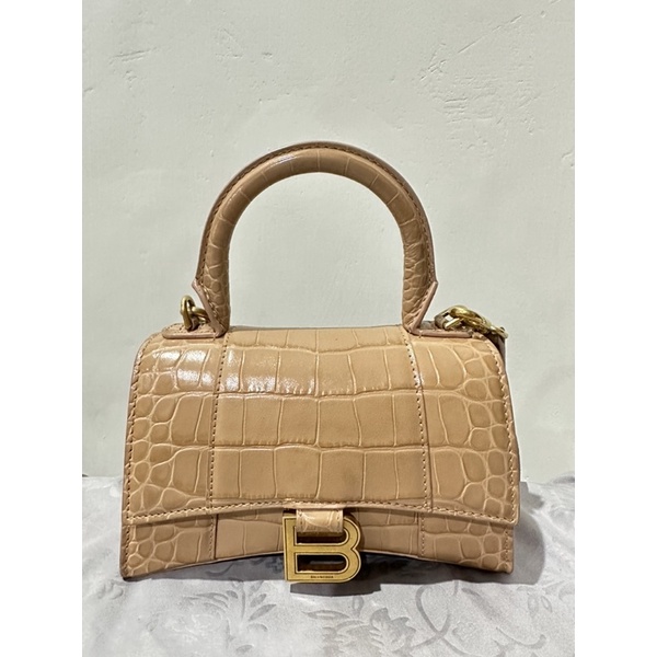 Balenciaga Hourglass Top Handle Bag XS Beige Shiny Croco GHW