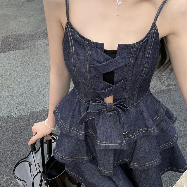 Suhao Dua Setelan Jas Perempuan Sling Ruffle Denim Kue Gaun + Temperamen Boneka Kerah Lengan Pendek Top wanita