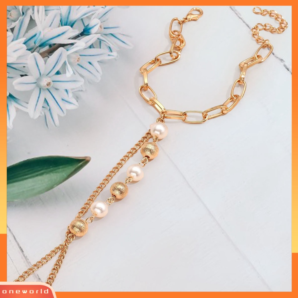 [ONE] Wanita Gelang Mutiara Imitasi Stainless Terhubung Patchwork Gelang Circlet Set Aksesoris Tangan