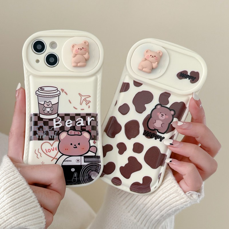 Leopard Print &amp; Milk Bear Doll Push The Window Cover Soft Case iP iPhone 11 12 13 14 Pro Max Brown Casing Apple