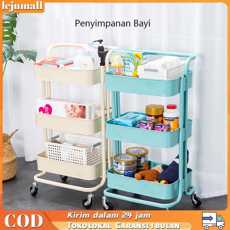 Rak Troli Dengan Roda 3 Susun Serbaguna Rak Dapur dengan Keranja Stainless Rak Buku Portable / Rak Bumbu Dapur / Rak Sudut Tempat Penyimpanan / Penyimpanan Bayi/Trolley Mengentalkan