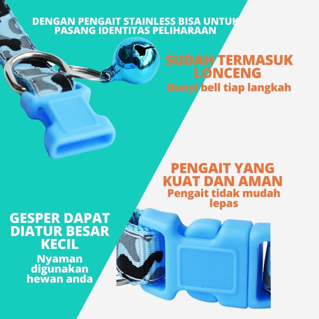 Kalung Collar Kucing Motif Army Dengan Ring Bunyi Bahan Kokoh Adjustable Bisa dibesar Kecilkan