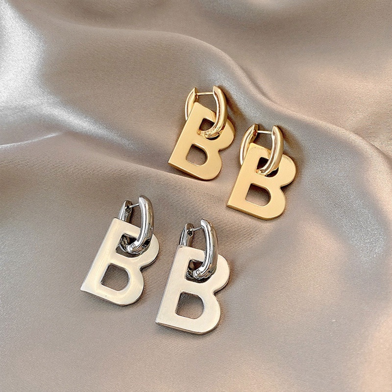 Fancyqube High Quality Letter B Drop Anting Wanita Pria Trendi Elegan Korea Minimalis Warna Emas Perak Anting Statement