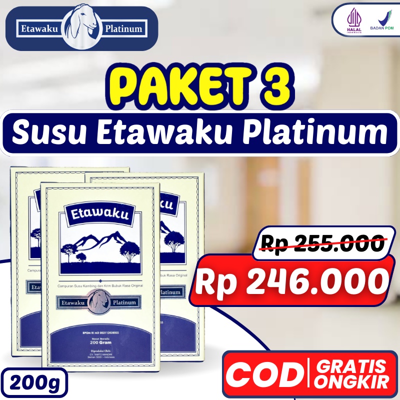 

[PAKET 3 BOX] ETAWAKU PLATINUM ORIGINAL SUSU KAMBING ETAWA ASLI AMPUH ATASI MASALAH PERSENDIAN / SAKIT PERNAFASAN / NYERI TULANG / NYERI SENDI / NYERI PUNGGUNG
