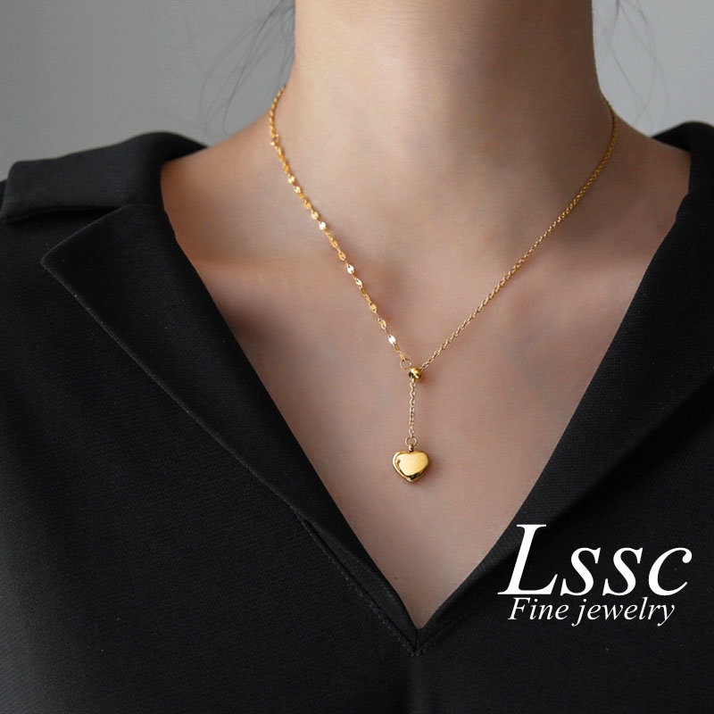 Kalung Titanium Serut Hati Rumbai Panjang Emas 18K Cantik Aksesoris Wanita Fashion Korea