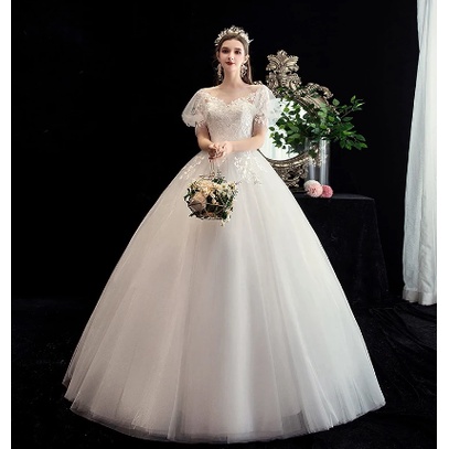 2023 New Korean Puff Sleeve plus size wedding dress Sweet V-Neck Lace Appliques Bride Gown 2023
