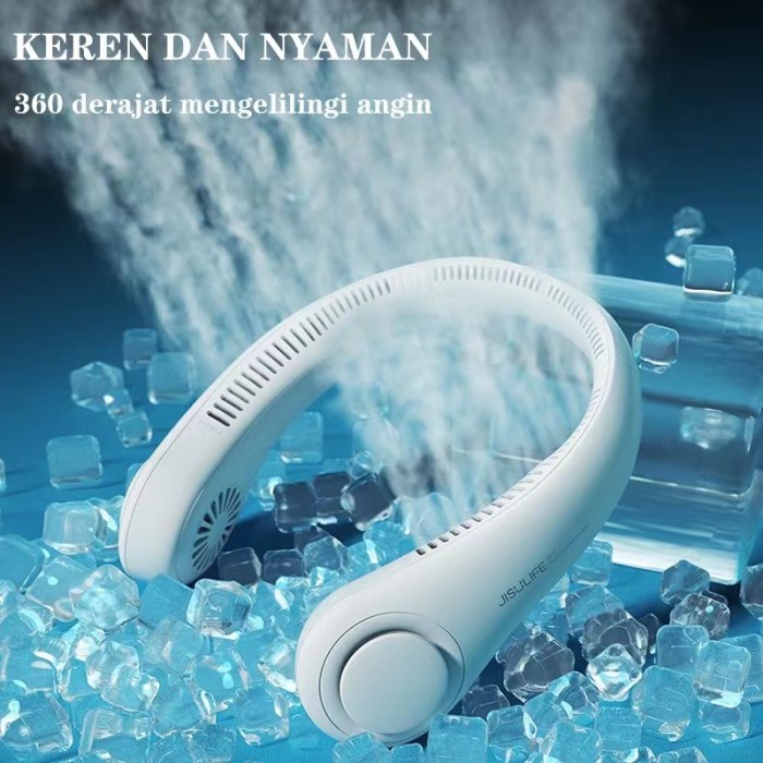 KIPAS ANGIN LEHER PORTABLE HANGING NECK FAN USB RECHARGEABLE READY - Putih