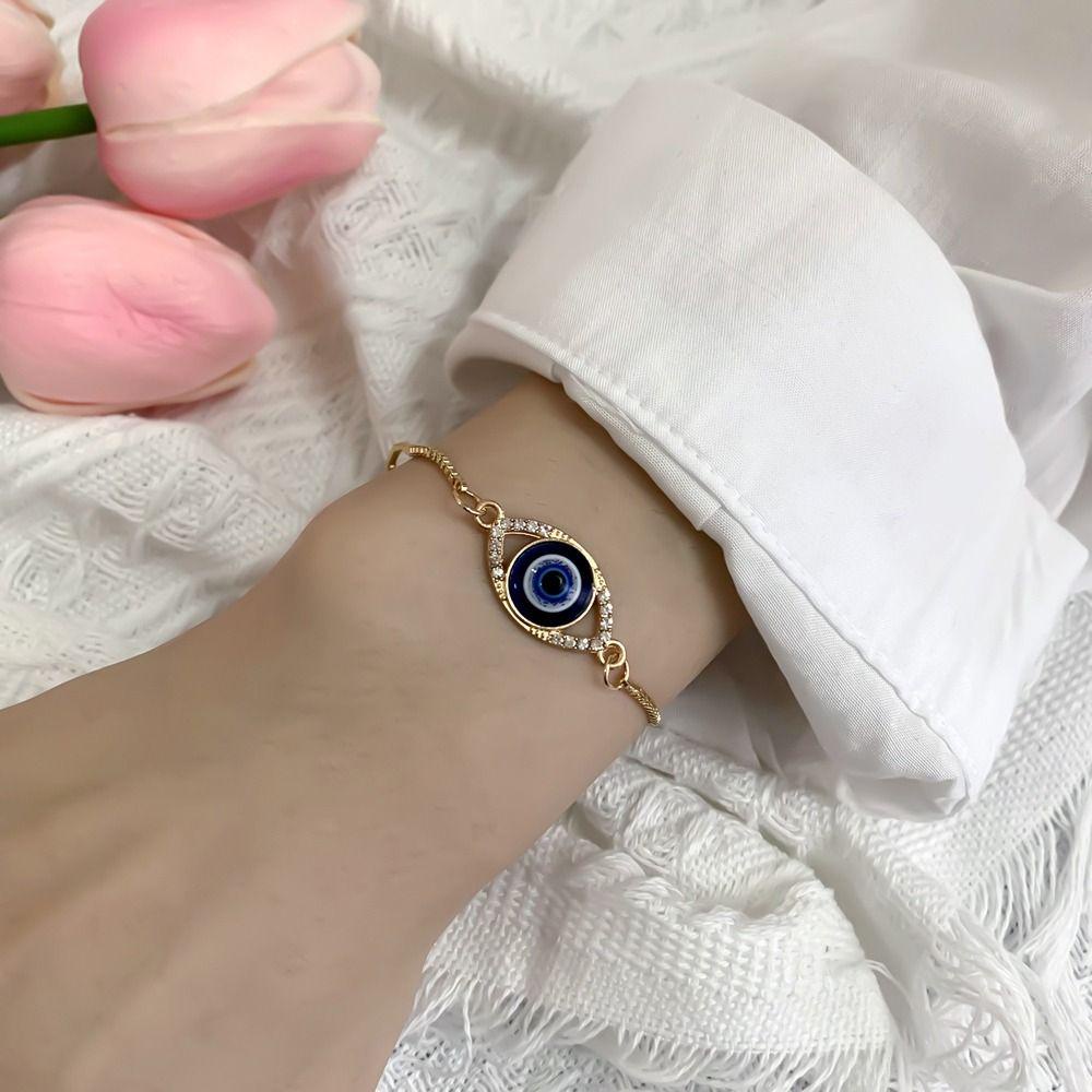 Mxbeauty Wanita Gelang Lucu Dapat Disesuaikan Sederhana Resin Berlian Imitasi Alloy Mata Setan Double-layer Braided Bracelet