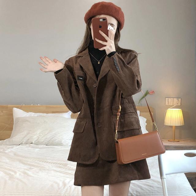 Suhao Setelan Dua Potong Musim Dingin Chic Western Blue Corduroy Suit Huruf Patch Jas Rok Pinggang Tinggi