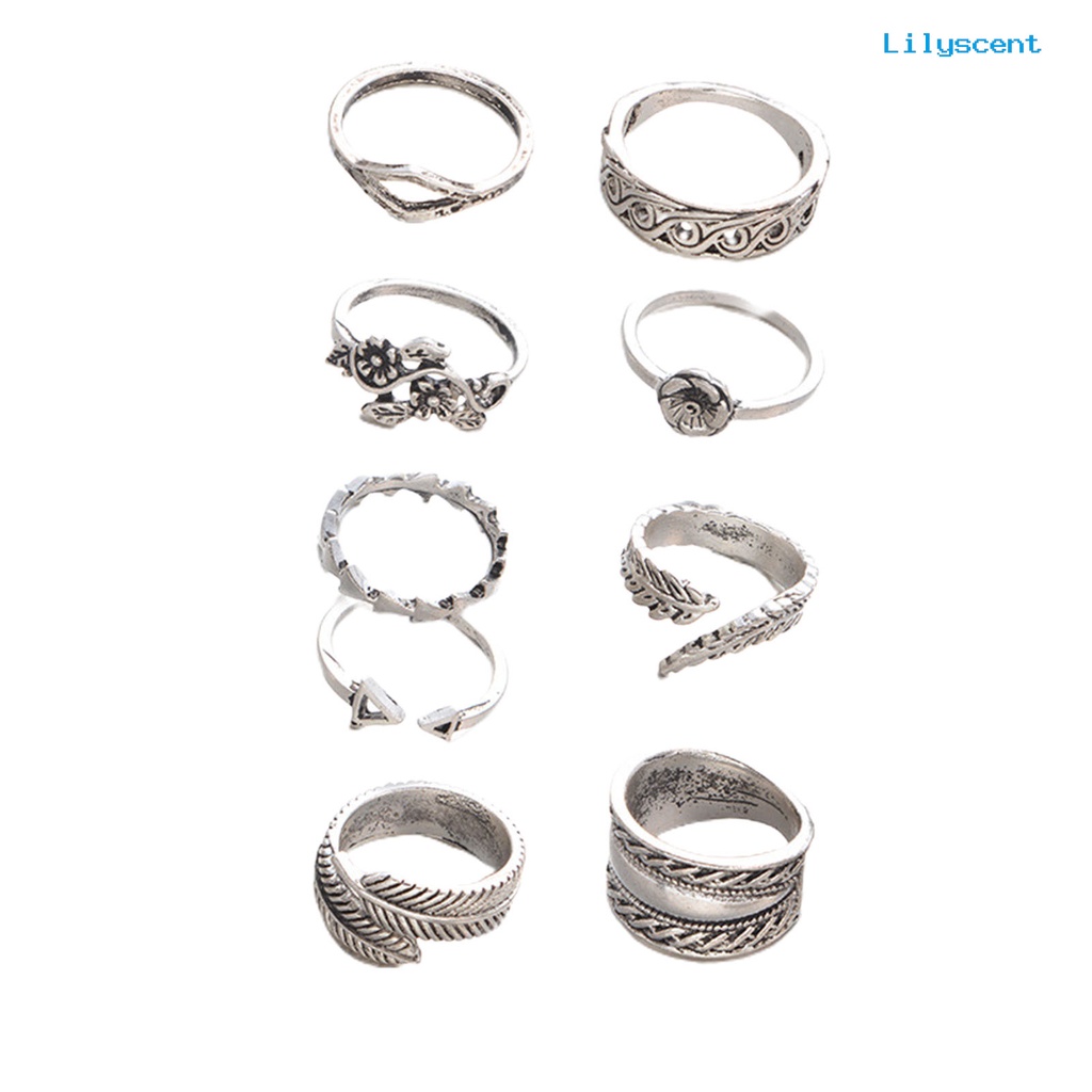 [LS]9Pcs Stackable Knuckle Rings Hollow Keluar Bunga Daun Wanita Vintage Jari Cincin Perhiasan Aksesoris