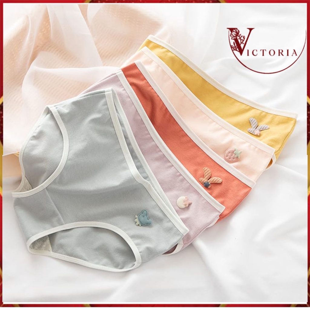 Victoria Celana Dalam Wanita Import Bahan Lembut Motif Buah Japanese Style Mid Waist Student Brief 2079