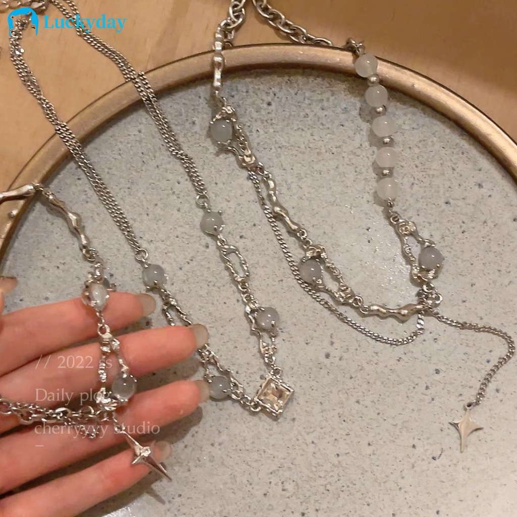 YEEZII Kalung Batu Permata Mutiara Perak Vintage Untuk Wanita Cinta Hati Liontin Perhiasan Y2K Aksesoris