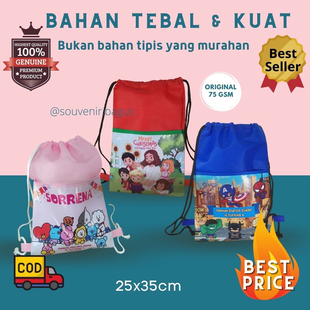 

Tas Ultah Serut Ransel Natal Paskah Custom Dua Kantung Serut Backpack Ulang tahun kantung depan pakai nama