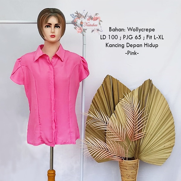 Baju Atasan Kemeja Model Lengan Kelopak Pendek Polos Warna Pink Kerja Kantor Kuliah Fashion Cewek Wanita Murah Blouse Lengan Tulip Korean Style