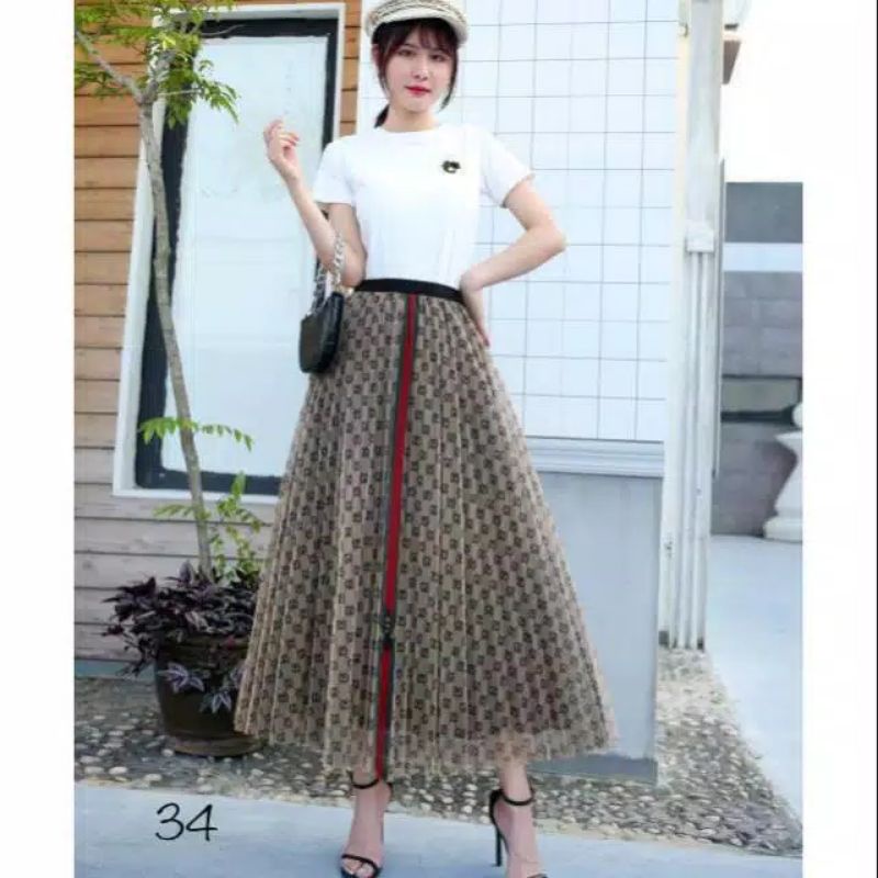 ROK TUTU GUCCI WANITA DEWASA MUTIARA PANJANG FULL PLISKET LUAR DALAM