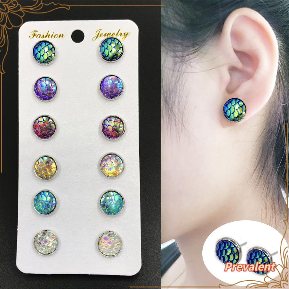Preva 6pasang /Set Anting Sisik Mermaid Fashion Perhiasan 12mm Bulat