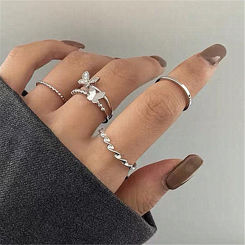 4 Pcs/set 925 Fashion Perak Cincin Set Kupu-kupu Berlian Imitasi (TR - 011)