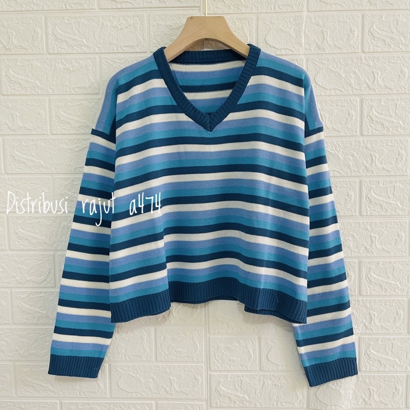 KAGURA KNIT STRIPE WANITA V LENGAN PANJANG PREMIUM SWEATER KOREA