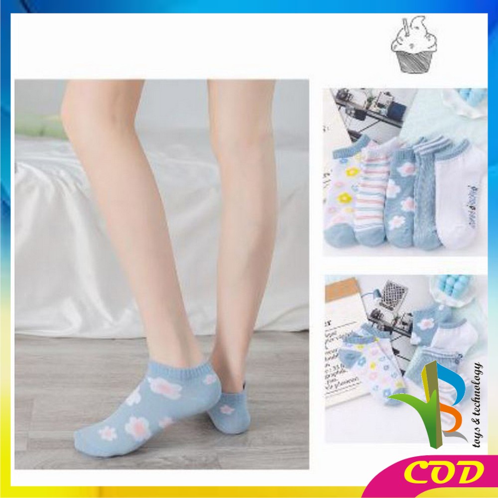 RB-P186 Kaos Kaki Pendek Semata Kaki Motif Bunga Biru Wanita Korean Style / Flower Ankle Sock / Kaus Kaki Pendek Wanita Dewasa