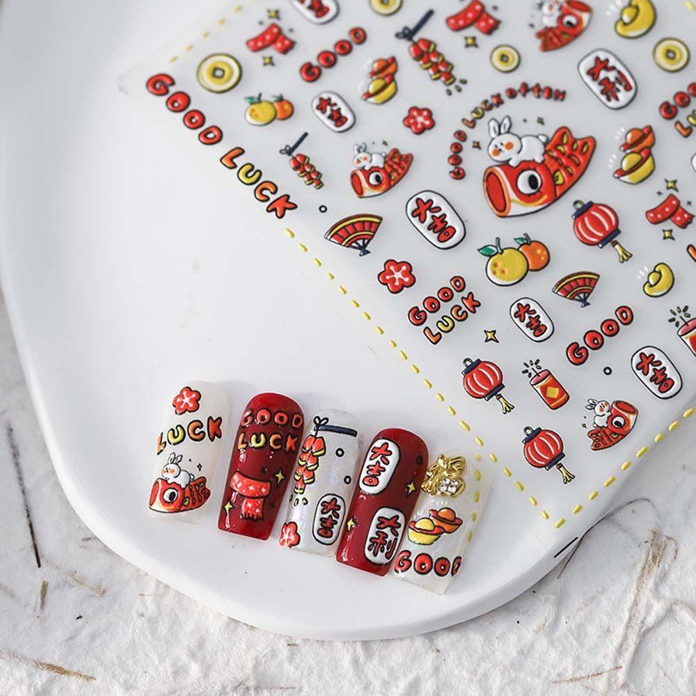 Mxbeauty Stiker Kuku Imlek Wanita 3D Relief Tahun Baru Nail Art Manicure Aksesoris Karakter Cina Dekorasi Nail Art