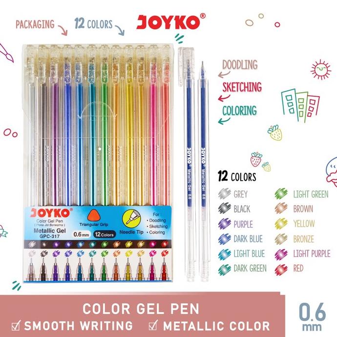 

Color Gel Pen Pena Jel Warna Joyko GPC-317 Metallic Gel 12 Warna 0.6mm