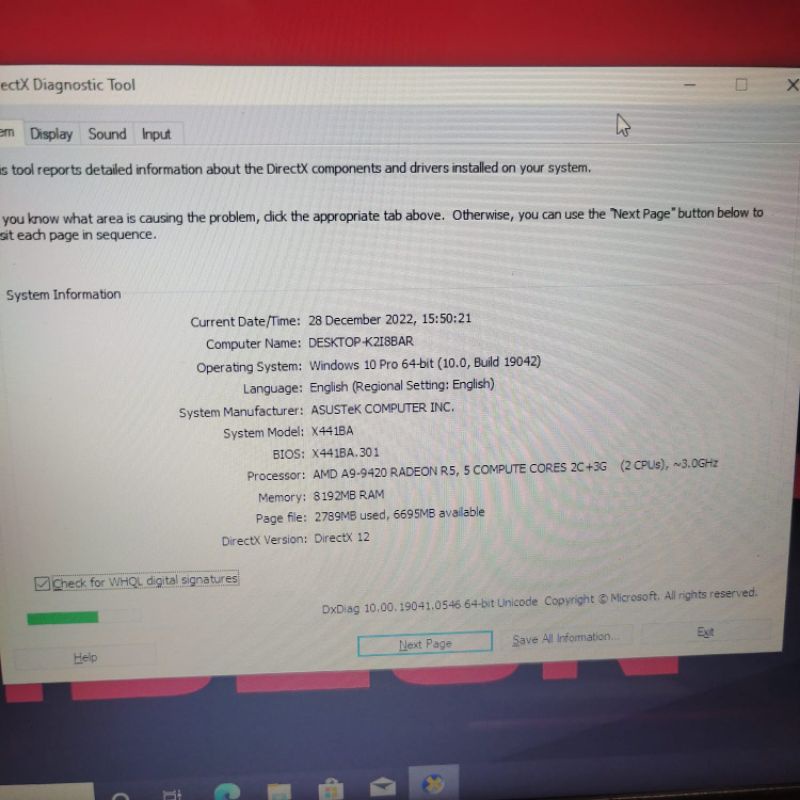 Laptop Asus X441B Amd A9-9420 Gen 7 Amd Radeon R5 graphics Ram 4GB HDD 1TB  Windows10 Full Aplikasi