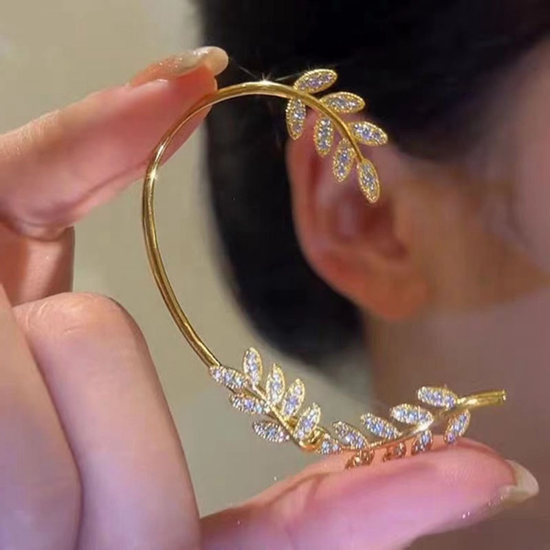 1pc Fashion Wanita Daun Telinga Manset Melengkung Kristal Stud Earring Perhiasan Aksesoris