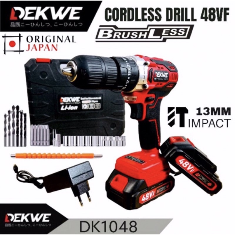 Mesin bor cordless 48v 13mm impact drill merk DEKWE DK1048 batrei 2 fulset