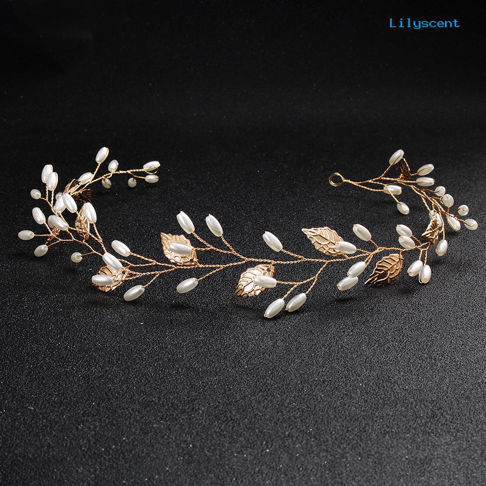 [LS]Elegant Wanita Pernikahan Hiasan Kepala Daun Mutiara Imitasi Bridal Headdress Hair Band