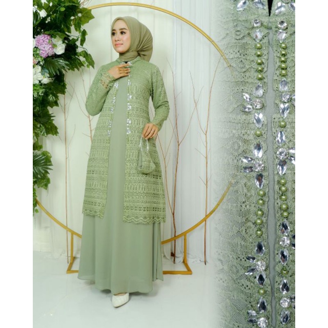 Permata Olshop / Kebaya Gamis Modern Cardigan Brukat NK / Gamis Pesta Mewah / Kebaya Gamis Kekinian / Gamis Brukat Kondangan / Brukat Payet Modern