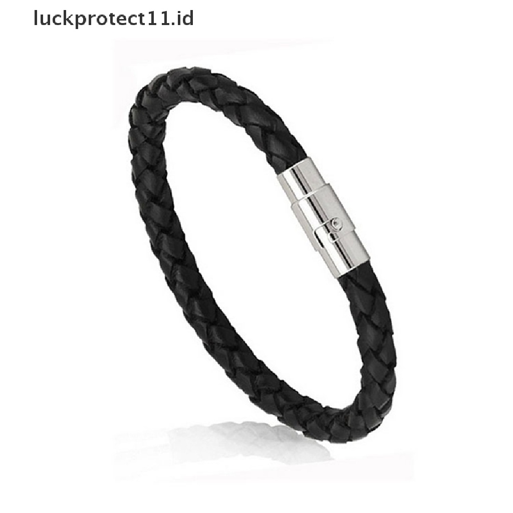 /Fashion Hot// Fashion// Wanita Pria Hitam Kulit Charm Gelang Stainless Steel Gelang Gesper Magnet.