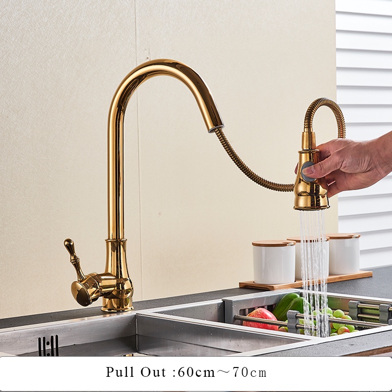 Kran Sink Mixer Tarik Bahan Kuningan Kran Cuci Piring Gold Keran Mixer Air Panas Dingin Yang Dapat Diputar Satu Pegangan Kontrol