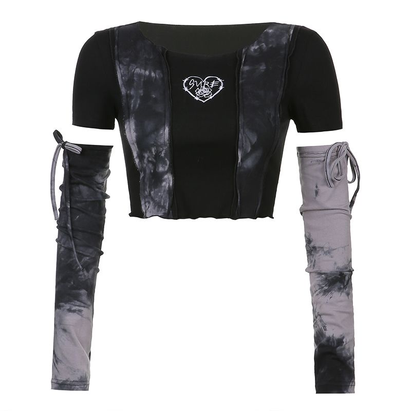 ♘✽◆Suhao 2022 Musim Semi dan Musim Panas Tampan Trendi Keren Tie-Dye T-shirt Wanita Lengan Lengan Rasa Desain Garis Pemisah slim-Fit Jamur Tepi Jaket