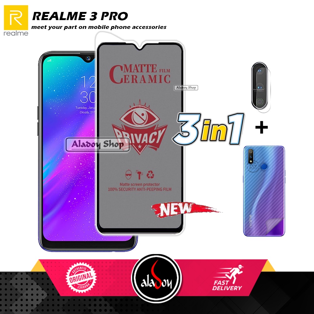 Tempered Glass Anti SPY Realme 3 Pro Anti Gores Privacy + Tempered Glass kamera dan Skin Carbon