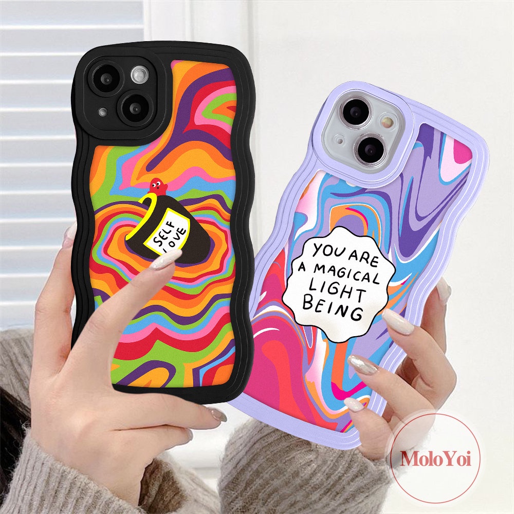 IPHONE Casing Ponsel Kompatibel Untuk Iphone11Xr7 8 6 6s 14plus14 13 11 12 Pro Max X XS Max SE 2020 Casetify Self Love Label Watercolor Wavy Edge Soft Tpu Rainbow Back Cover