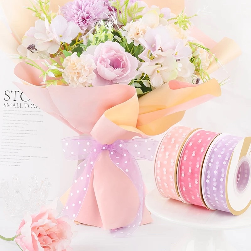 ( Rol 20 Yard ) ORGANZA SILK POLKADOT RIBBON 12MM 25MM - PITA KADO ORGANDY ORGANZA ONDE 0.5INCH (1.25CM) / PITA ORGANDI DOT 1IN 2,5CM