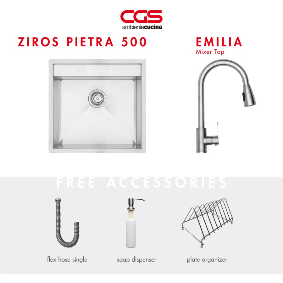 Paket Promo: CGS Ziros Pietra 500 Kitchen Sink + Kran Air CGS Emilia