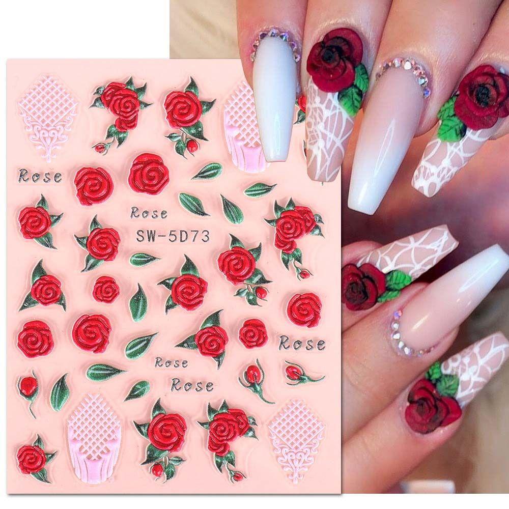 Mxbeauty Stiker Kuku Mawar Fashion Sweet Valentine Day Nail Art Moon Manicure Aksesoris Red Rose Nail Art Dekorasi