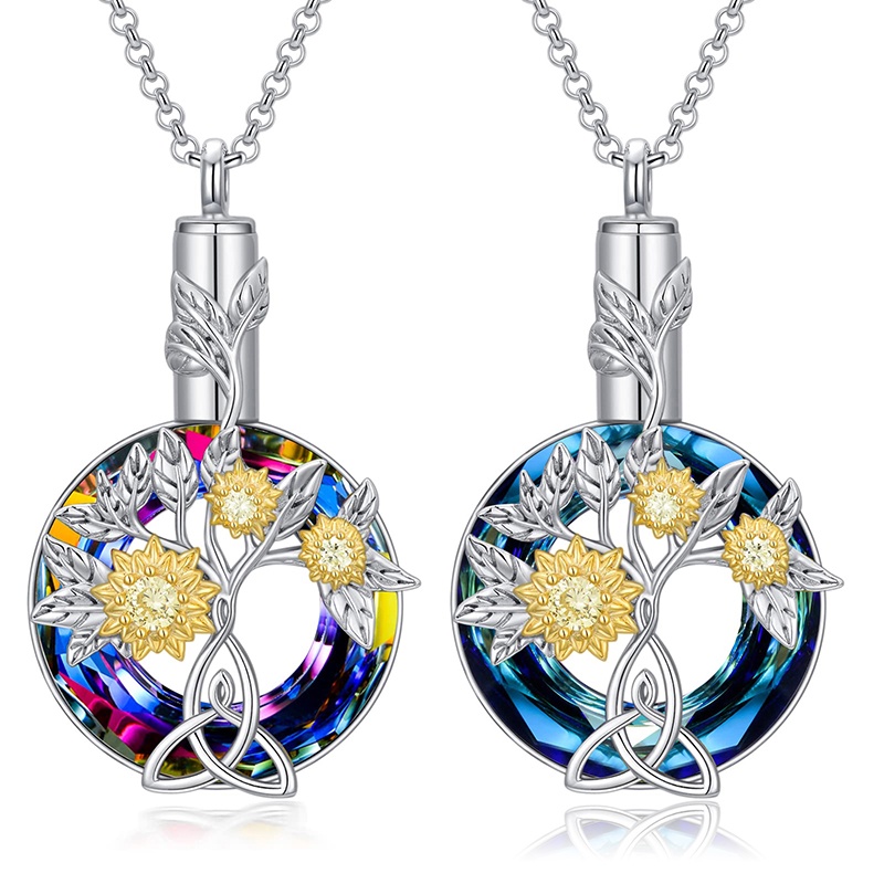 Kalung Guci Bunga Matahari Untuk Abu Sterling Silver Sunflower Cremation Necklace Dengan Volcano Crystal Memorial Cremation Jewelry