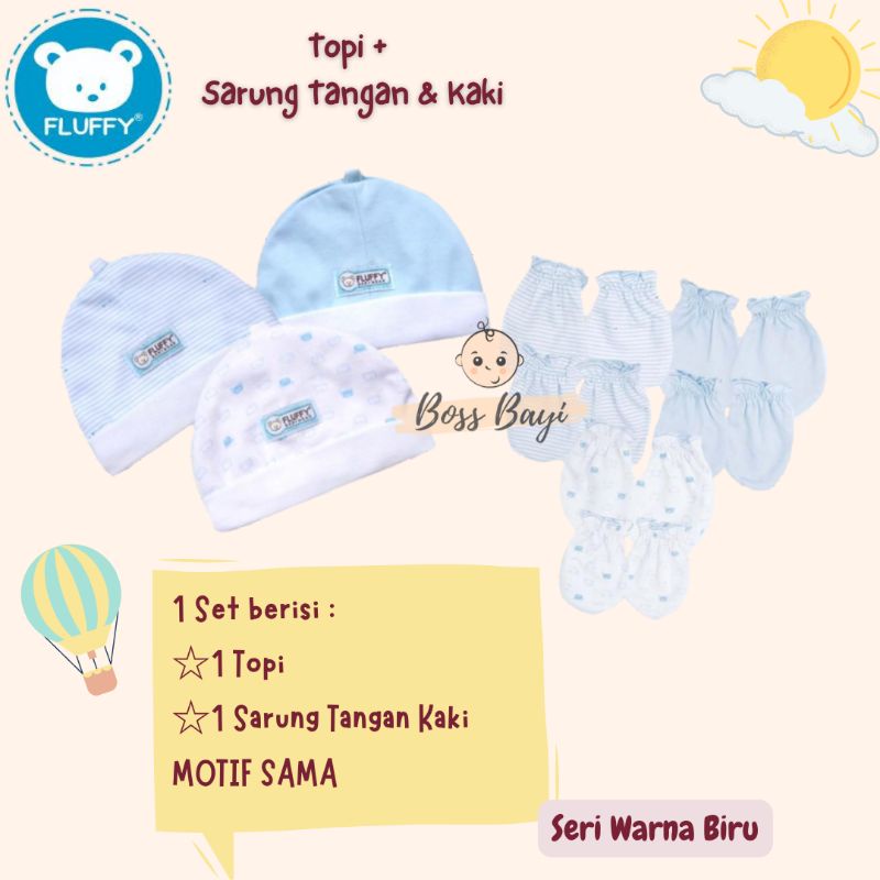 FLUFFY - Topi + Sarung Tangan Kaki Karet untuk Bayi Newborn