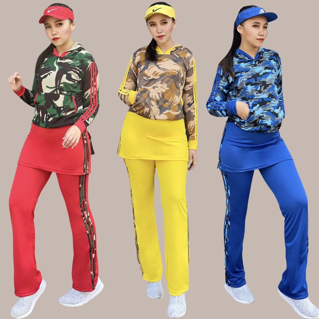 Setelan Baju Senam motif Rok Baju  Gym Fitness Baju Olahraga Panjang Muslim Setelan Army