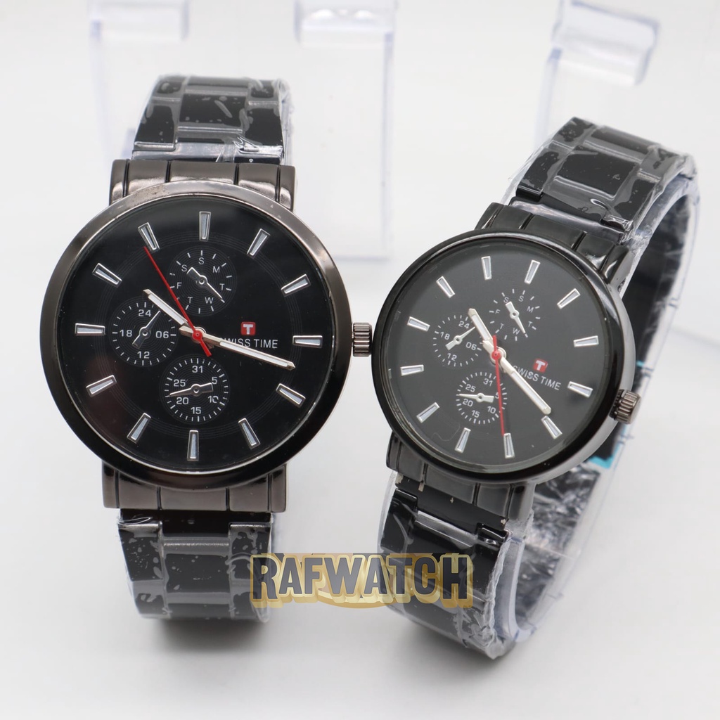 Jam Tangan Pasangan Pria Wanita Analog Casual Rantai Stainless Hitam Silver RPA2