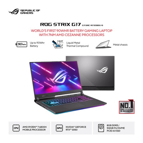 Laptop Gaming Asus Rog G713RC RTX3050 4GB RYZEN 7 6800H RAM 8GB 512GB SSD OHS 17.3FHD 144HZ