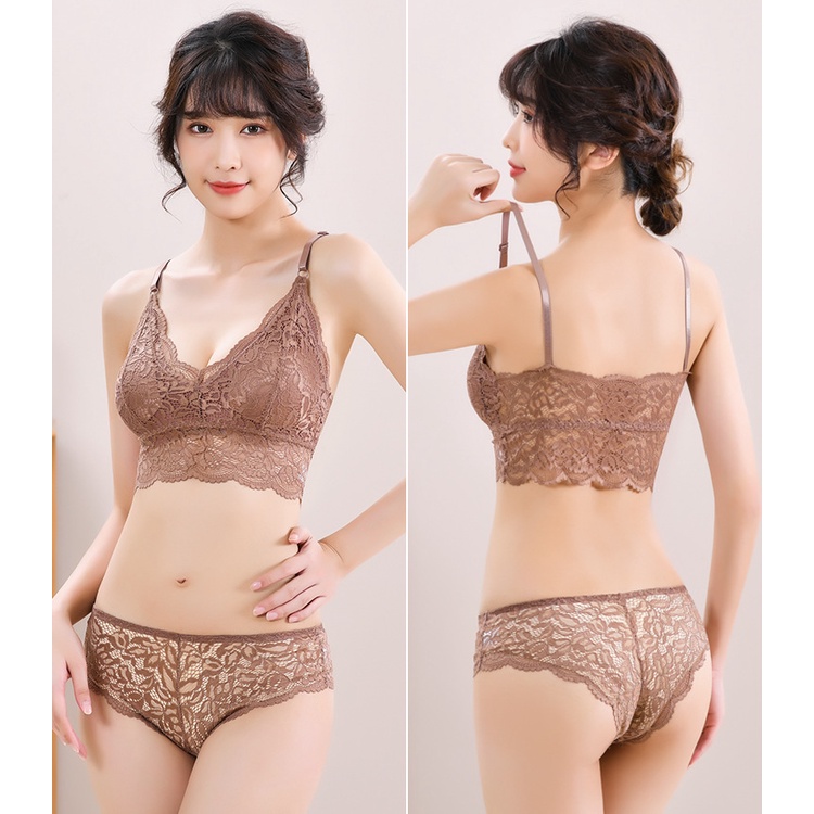 Bra Set Lingerie Set Renda Bra dan Celana Dalam Seksi Transparan Busa BH CD Wanita Baju Dinas Malam