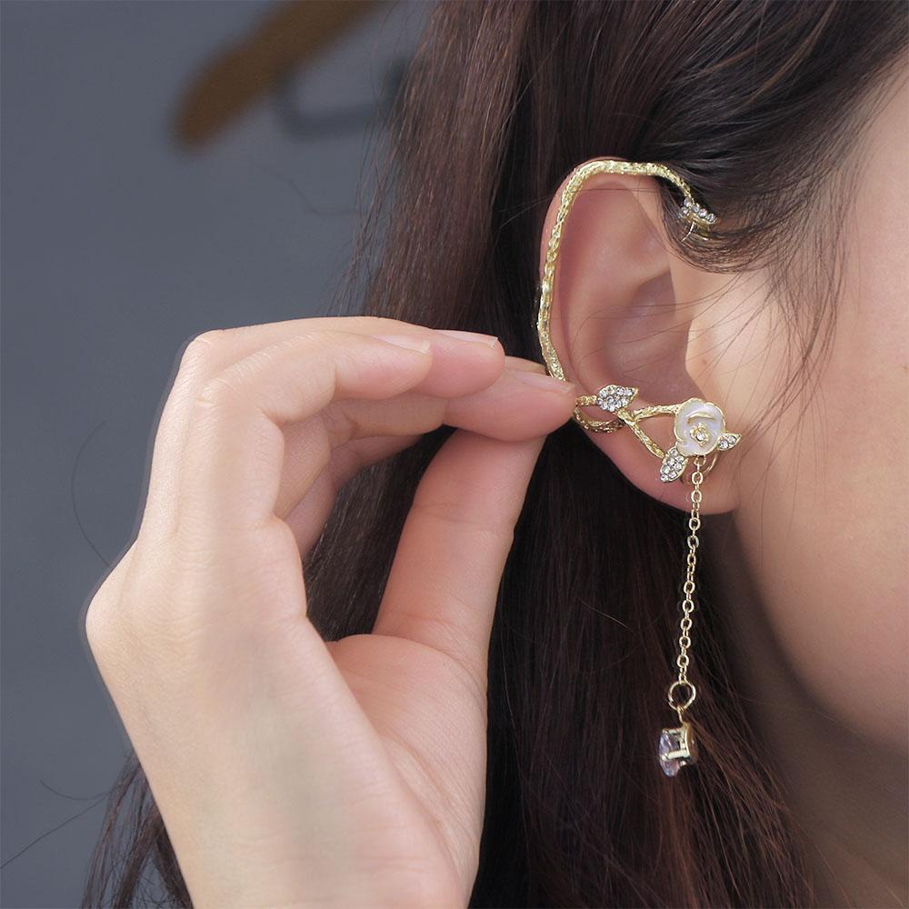 Anting Klip Bunga Mawar Mewah Mengkilap Rantai Panjang Kait Telinga Tembaga Zirkon Gaya Korea Ear Clip